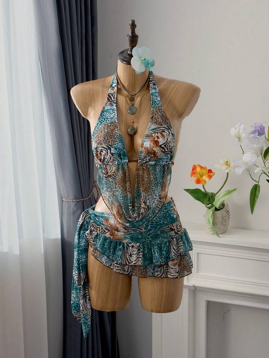 Bellisia 3件套女士花卉荷叶边垂褶领比基尼套装，动物纹印花，侧边系带蝴蝶结，春夏款 - 彩色 - 查看 1