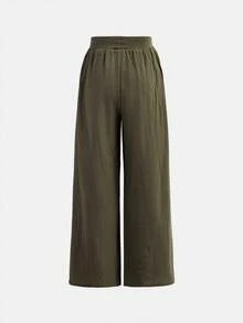 SHEIN Serisse Kids 少女日常休闲基础款100%纯棉弹力腰阔腿裤，适合返校季穿着 - 軍綠色 - 查看 4