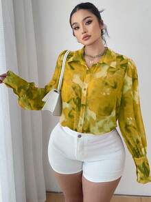 SHEIN Clasi Áo sơ mi dài tay thanh lịch in họa tiết toàn bộ phía trước cỡ lớn - Màu vàng - Xem 4