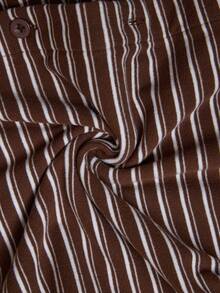 Elaquor Kaos Wanita Bergaris Kasual Lengan Panjang Longgar Kancing Depan Ukuran Besar Musim Gugur - Coffee Brown - View 7
