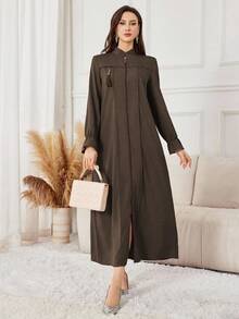 Yasmyna Purple Casual Loose Zip-Up Abaya Robe For Women, Zipper Blouse Abaya - Coffee Brown - View 6