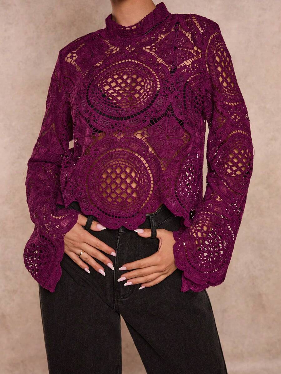 Glamine 中紫红色长袖碎花透视上衣，女士个性化长袖上衣，女士上衣，外出上衣，优雅女士上衣，女士碎花连衣裙 - 中紫紅色 - 查看 1