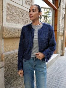 Maija 女士休闲秋季时尚圆领前开襟纽扣外套 - 藏蓝色 - 查看 6