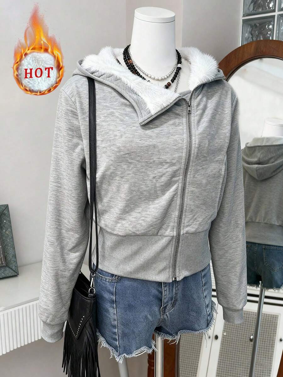 SHEIN LilyWest Women's Western Style Casual Metal Zipper Oblique Collar Thermal Lined Patchwork Ribbed Sweatshirt - Grey - View 1