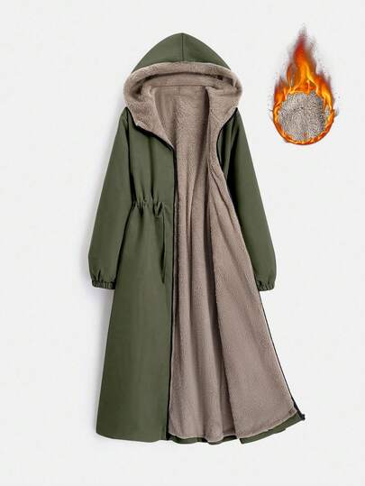 EMERY ROSE 女士冬季服装长袖抽绳腰连帽保暖内衬长款休闲加厚棉服外套