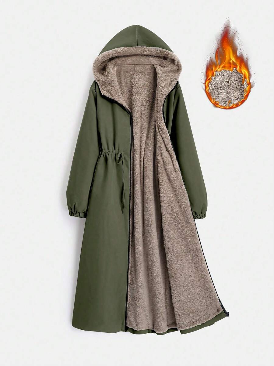 EMERY ROSE 女士冬季服装长袖抽绳腰连帽保暖内衬长款休闲加厚棉服外套 - 彩色 - 查看 1