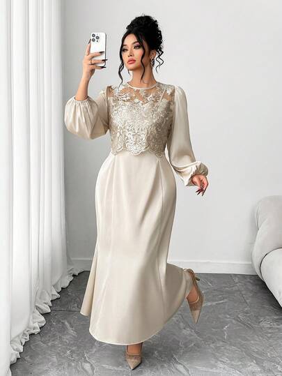 Elenzga 女士缎面蕾丝美人鱼连衣裙配短袍，女士连衣裙