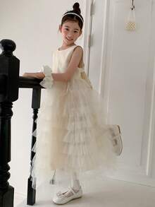 Dazy Kids Tween Girl 优雅纯色多层薄纱拼布派对连衣裙 - 米色 - 查看 2