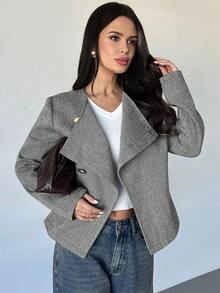 Firerie 女士优雅精致休闲日常通勤新款街头时尚都市时尚斜襟金属纽扣腰部收紧长袖双面呢大衣，秋冬 - 黑與白 - 查看 3