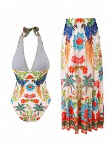 Swim Oasis 2件套新款印花连体泳衣，带长款网纱裙，女士沙滩度假泳装，春夏款 - 彩色 - 查看 2