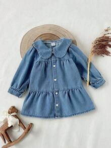SHEIN 女婴蓝色优雅彼得潘领长袖牛仔连衣裙，适合春秋季外出、拍照、日常穿着和上学穿着。 - 藍色 - 查看 3