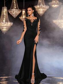 Glamrae Đầm dạ hội maxi dài tay, trong suốt, thêu tay tinh xảo, eo cao, dáng đuôi cá, xẻ tà bên hông, thích hợp cho ngày Valentine. - màu đen - Xem 4