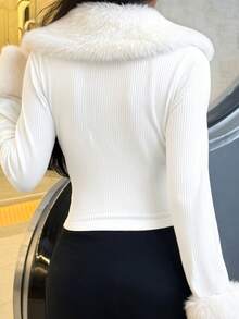 Muchica 秋季时尚白色毛绒针织拼接修身女式外套 - 白色 - 查看 6