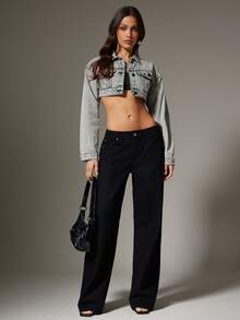 Denimoi Super Cropped Collared Flap Pocket Drop Shoulder Jacket Fall & Winter Cropped Denim Jacket - Grey - View 3