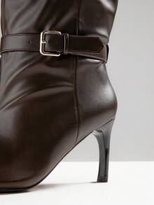 SHUZIA Women Minimalist Sexy Point Toe Kitten Heel Buckled Knee-High Boots For Christmas - Chocolate Brown - View 7