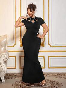 Cravure Hollow Neck Design Beaded Bodycon Dress - Black - View 4