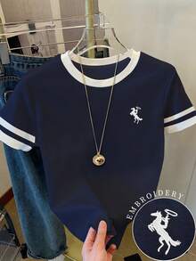 Resyla 女款T恤/保罗图案印花/刺绣工艺/女士宽松休闲撞色圆领T恤上衣/春夏 - 彩色 - 查看 1