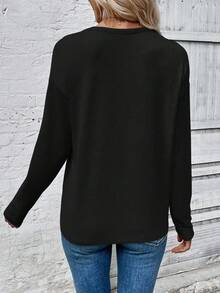 EMERY ROSE 新款女士豹纹口袋圆领长袖T恤 - 黑色 - 查看 2