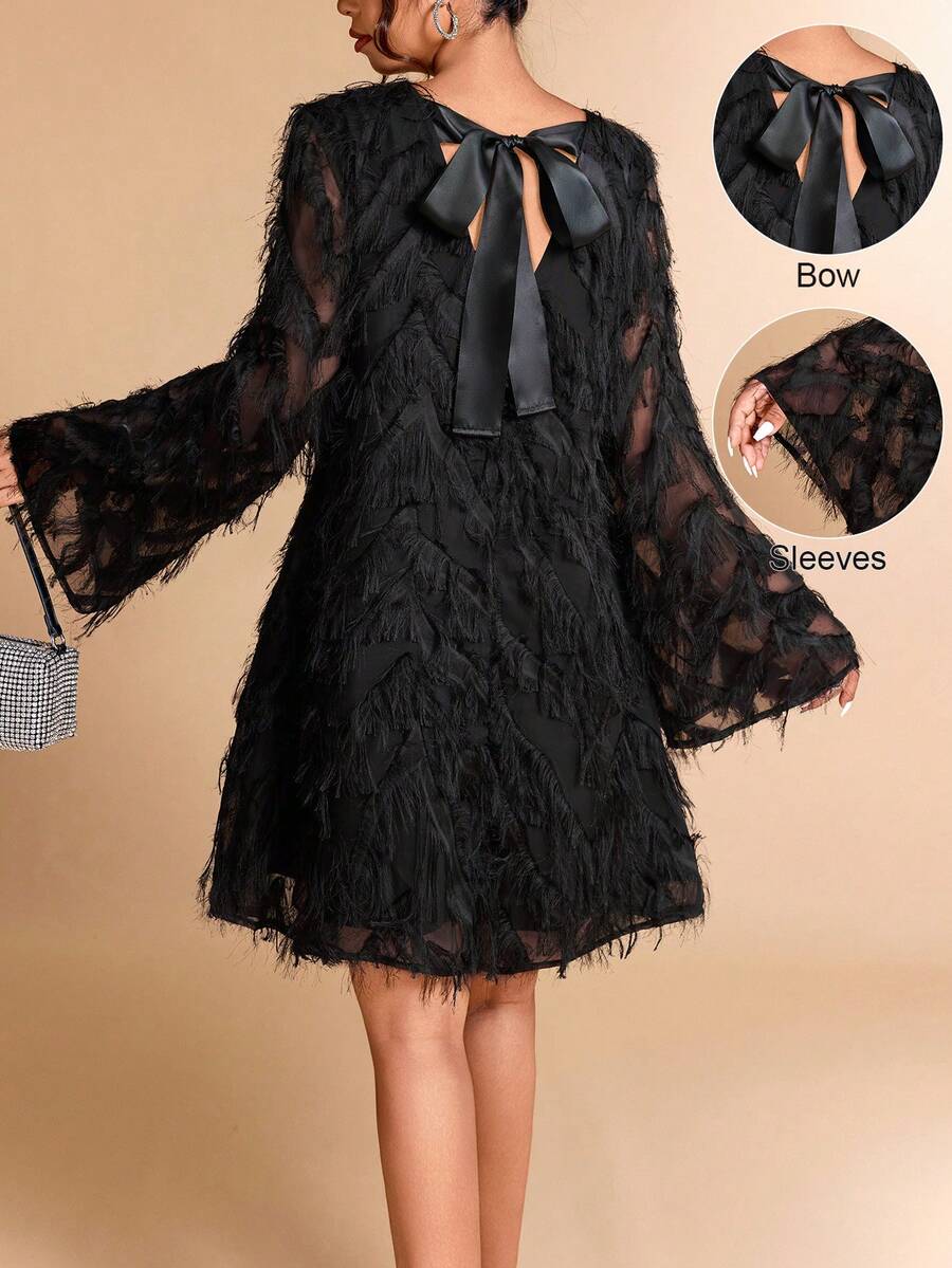 Elenzga Women's Elegant Backless Bowknot Tassel Chiffon Party Dress - Black - View 1