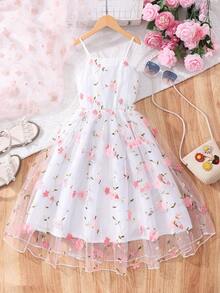 SHEIN Sparklyn Tween Girls Cute & Sweet Mesh Embroidered Camisole Dress