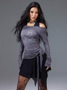 Bloopia Hàn Quốc Thường Ngày Slouchy Cá Nhân Hóa Trẻ Hóa Cho Nữ Thu/Đông Phong Cách Mới Halloween Ngôi Sao Đính Đá Trang Trí 2 Trong 1 Thiết Kế Halter Tie Eo Ôm Vừa Vặn Trễ Vai Hở Vai Tay Dài Cho Nữ Váy Ngắn - Màu xám đen - Xem 3