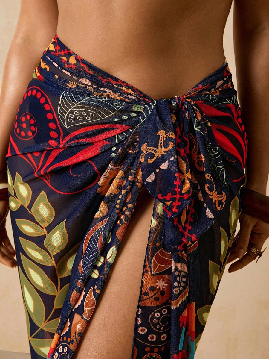 Travachic Váy khoác ngoài cỡ lớn in họa tiết nhiệt đới, kiểu quấn thắt nơ, chất liệu chiffon in họa tiết lãng mạn mùa xuân sớm, thích hợp cho nữ đi biển mùa hè 2026. - Nhiều màu - Xem 1