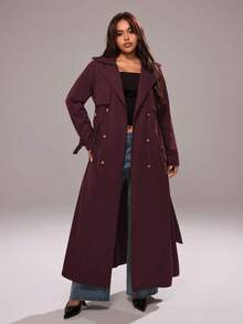 Rustia Plus Size Solid Color Double-Breasted Lapel Long Sleeve Casual Long Windbreaker - Burgundy - View 3