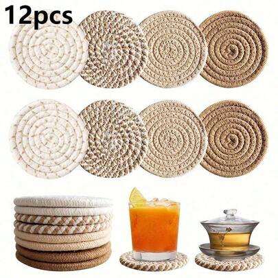1/4/8/12pcs Woven Drink Coasters, Round Absorbent Beverage Cup Mats, Handmade Fabric Coasters, Absorbent Coaster Set With Tray, Bohemian Style