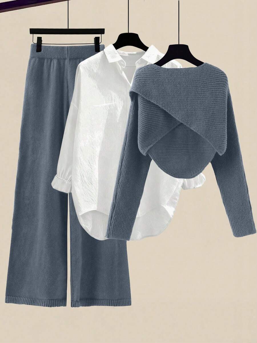 GlowEve Bộ 2 món áo len quấn và quần dệt kim trơn màu thường ngày cho nữ, Thu/Đông - Màu xanh bụi bặm - Xem 1