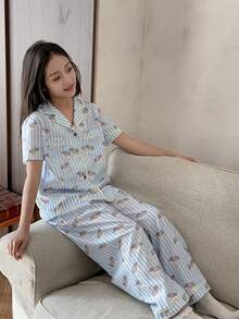 DAZY Tween Girl Striped Puppy Print Short Sleeve Pajama Set - Blue - View 3