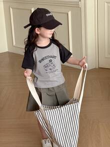 DAZY 2pcs/Set Girl's (Small) Solid Color Patchwork Round Neck Short Sleeve Print Simple Top And Skirt - Grey - View 3