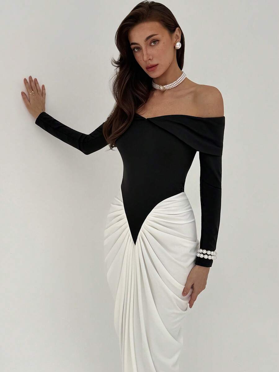 Aloruh Đầm dài thanh lịch thiết kế khối màu đen trắng cho nữ, tay dài một bên vai, ôm eo, viền đuôi cá, thích hợp cho các buổi đi chơi hàng ngày, tiệc cocktail, hộp đêm và tiệc tùng