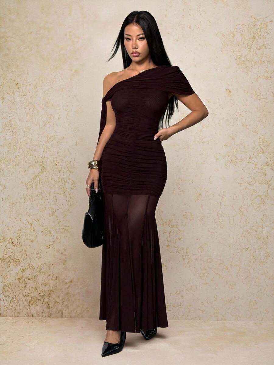 SHEIN PETITE Burgundy Slant Shoulder Ruched Bodycon Maxi Mesh Dress ...