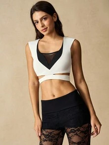 VARSIVA 女士拼接透视网眼镂空短款运动文胸 - 彩色 - 查看 1