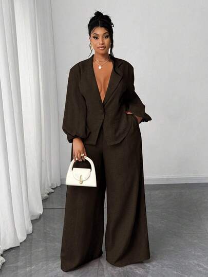 Maweii 大码女式纯色翻领灯笼袖单排扣外套和阔腿裤休闲两件套