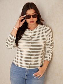 Elaquor Plus Size Women's Casual Basic Striped Button T-Shirt Office Old Money - Multicolor - View 6
