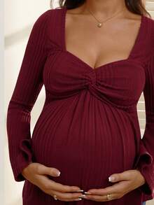 SHEIN Women V-Neck Ribbed Twist Front Maternity Long Sleeve Top, Autumn/Winter