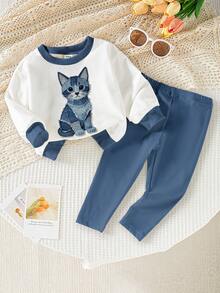 SHEIN Playful Pals 2件套女婴0-3岁休闲时尚可爱猫咪印花卫衣和打底裤套装，适合秋冬季节、日常、户外、居家穿着，时尚百搭。 - 彩色 - 查看 2