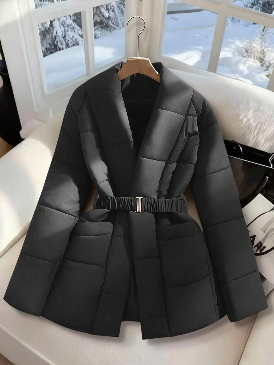 GlowEve 女士咖啡棕色腰带，金属扣设计，收紧腰身，优雅羽绒服 - 灰色 - 查看 1