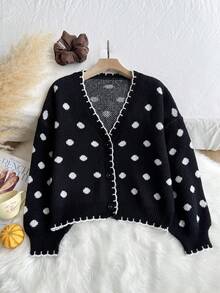 Comfortcana 甜美波点提花V领针织开衫 - 黑與白 - 查看 4