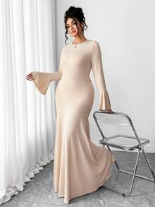 SHEIN Tall CURVE Đầm xòe tay bèo cổ tròn viền đuôi cá thanh lịch mới dành cho nữ cỡ lớn - Màu be - Xem 3