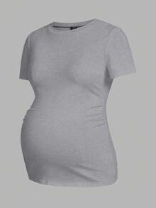 Modmama Plain Color Round Neck Short Sleeve Casual Maternity Top - Pink - View 10