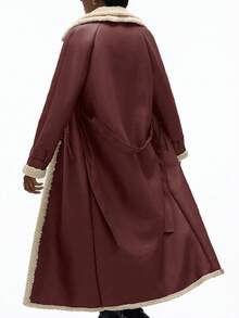 Aveloria Affinna Khaki Long Classic Lapel Faux Lamb Wool & PU Leather Cinched Waist Waist Elegant Casual Mixed Style Women Faux Fur Coat