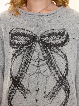 Kawaii Pull en jacquard à nœud et dentelle, doux et charmant