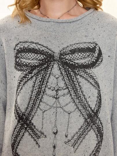 Suéter de encaje jacquard con lazo kawaii y lindo, dulce y encantador