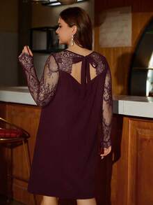 SHEIN Clasi 大码女式撞色蕾丝仿珍珠细节圆领长袖直筒优雅职业连衣裙商务休闲女装 - 酒紅色 - 查看 2