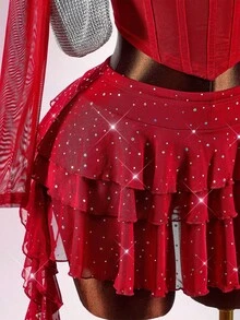 Amplova Chân váy ngắn lấp lánh dành cho nữ, kiểu dáng Y2K, eo siêu trễ, gợi cảm và phá cách, phù hợp cho các buổi hẹn hò, ngày Valentine, chân váy ngắn màu đỏ, gợi cảm và phá cách, váy Giáng sinh cho nữ, váy năm mới, chân váy đỏ. - Màu Đỏ Sâu - Xem 6