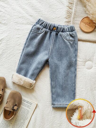 Vintaside Kids Baby Boy's Autumn/Winter Plush Lined Fashionable Versatile Simple Washed Denim Pants, Suitable For Casual Wear At Home, Leisure Outings Or Shopping