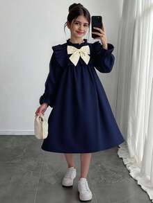 فستان فتاة مراهقة بياقة مكشكشة وعقدة للزينة، بتصميم مريح وغير رسمي - الأزرق - مشاهدة 1