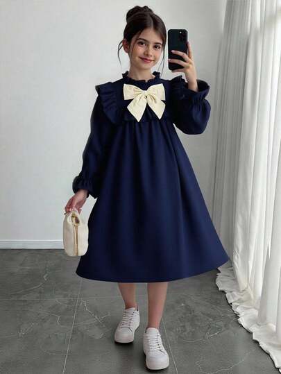 宽松休闲舒适荷叶边领蝴蝶结装饰少女连衣裙